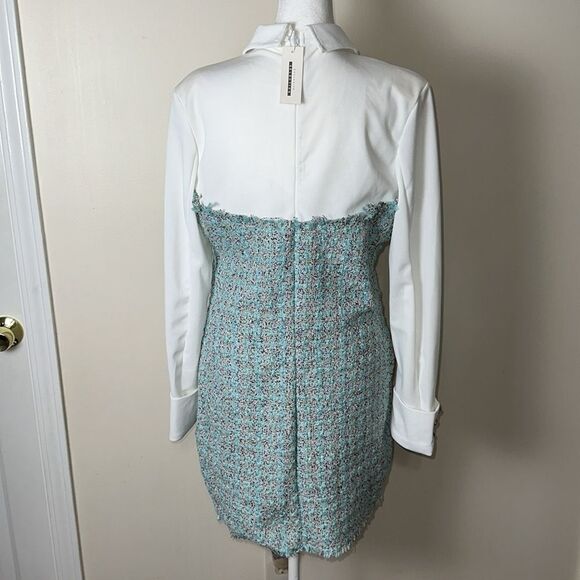 Jenifer Elegant White Tiffany Blue BoucleβTweed Long Sleeve Mini Dress - Picture 4 of 16